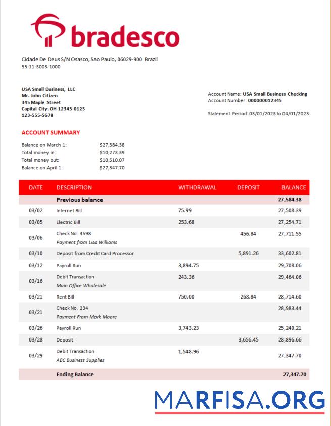 Realistic Bradesco Bank corporate account statement Word and PDF template